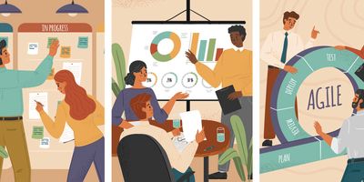 Three-paneled illustration. First panel shows two people pointing at papers posted on a board labeled "in progress". Second panel shows three people looking at and talking about graphs on a presentation board. Third panel shows thee people standing next to a circle labled 'agile."