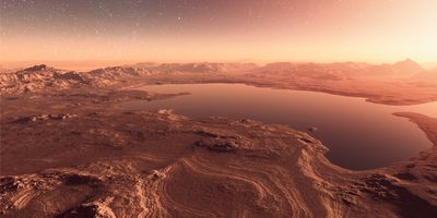 a photorealistic image showing what a lake on the surface of mars would look like, surrounded by red dirt and rocks with a starry sky in the background