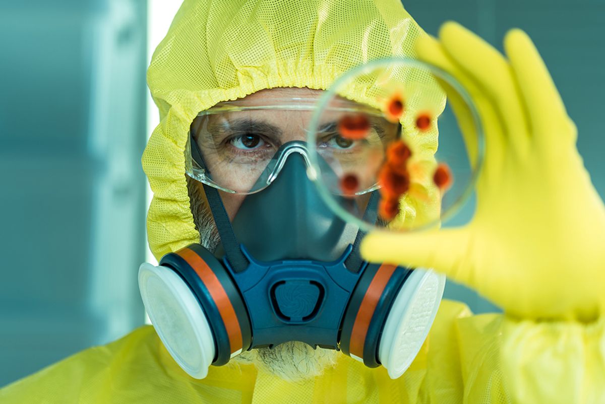 Scientist in PPE holds up a petri dish holding cultured cels Scientist in PPE holds up a petri dish holding cultured cels
