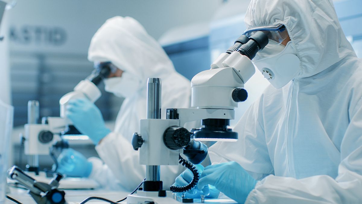 Scientists in PPE use microscopes in a lab Scientists in PPE use microscopes in a lab