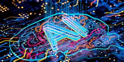Computer image of a brain outline with the letters "AI" written in light